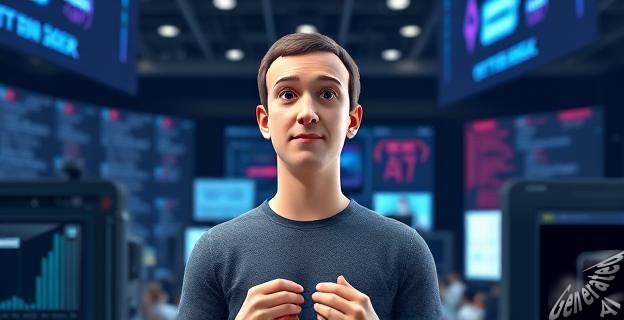 Ilustración de Mark Zuckerberg en una conferencia de tecnología, rodeado de pantallas y equipos de IA, con un fondo de gráficos y códigos de programación.