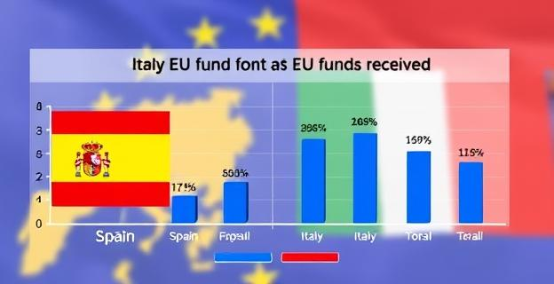 Imagen de un gráfico comparativo mostrando la diferencia en la recepción de fondos UE entre España y otros países como Italia y Portugal, con fondos dorados representando los fondos UE y gráficos de barras mostrando las cantidades recibidas por cada país.