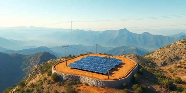 Un paisaje natural con una planta fotovoltaica en el centro, rodeada de montañas y valles, con una línea eléctrica aérea de evacuación que se extiende hacia el horizonte.