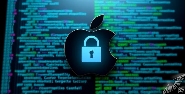 Un logo de Apple con un candado en el centro, rodeado de código de programación