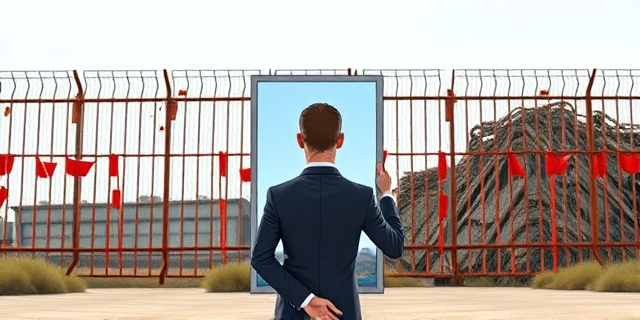 Una ilustración conceptual y satírica. Un hombre con traje elegante parado frente a una valla fronteriza oxidada, sosteniendo un espejo que refleja una imagen idealizada y limpia de la misma valla. Detrás de él, la realidad es caótica. Estilo de caricatura editorial de periódico, colores contrastados, atmósfera de ironía política.