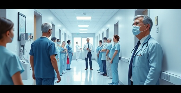 Una escena que muestra un pasillo de un hospital con médicos y enfermeras atendiendo a pacientes, mientras un político observa al fondo con semblante pensativo.