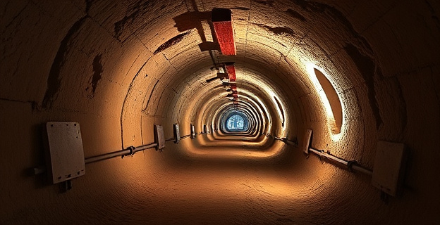 Imagen de un túnel subterráneo con varias galerías y una profundidad de 12 metros, representando un narcotúnel entre Marruecos y España descubierto en una operación policial