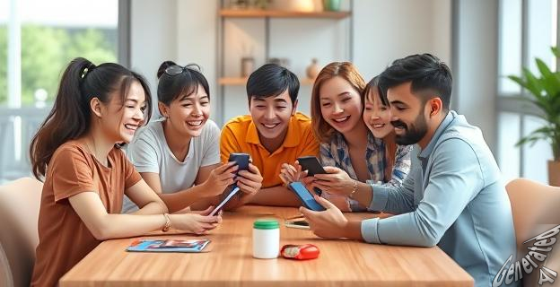 Una imagen de un grupo de amigos jugando con teléfonos móviles en una mesa, rodeados de risas y desafíos divertidos.