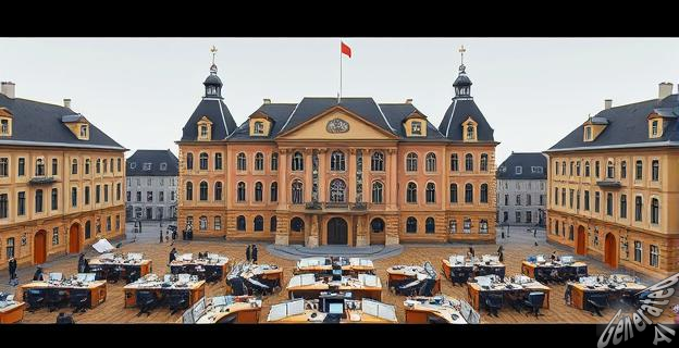 Un ayuntamiento con un gran edificio de estilo historicista en el centro, con una diputación provincial al lado, y muchos funcionarios trabajando en mesas de oficina.