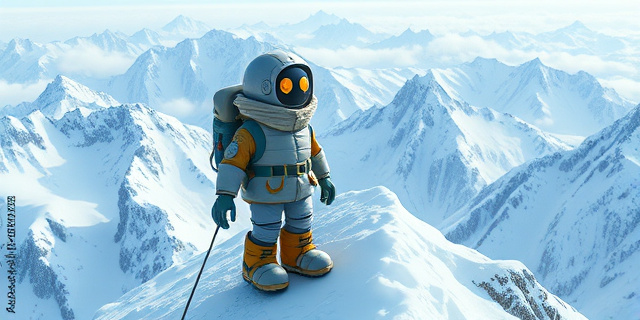Una ilustración satírica de un robot humanoide pequeño y metálico vistiendo una chaqueta térmica acolchada y botas de nieve diminutas, siendo cargado en una mochila por un alpinista exhausto en una cumbre nevada y escarpada. Estilo de caricatura editorial detallada, colores fríos, atmósfera de alta montaña.