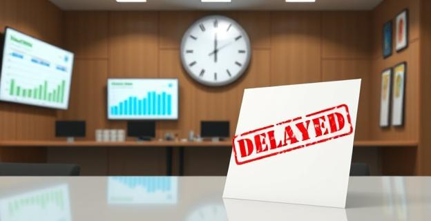 Una oficina gubernamental con pantallas mostrando gráficos de facturas y un reloj marcando el tiempo, con un sello de 