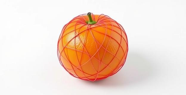 Una imagen de una naranja envuelta en una malla roja sobre un fondo blanco, con un efecto de iluminación que resalta su color