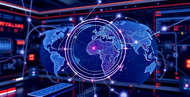 Imagen de una interfaz futurista de Inteligencia Artificial con elementos de tecnología avanzada y conexiones globales