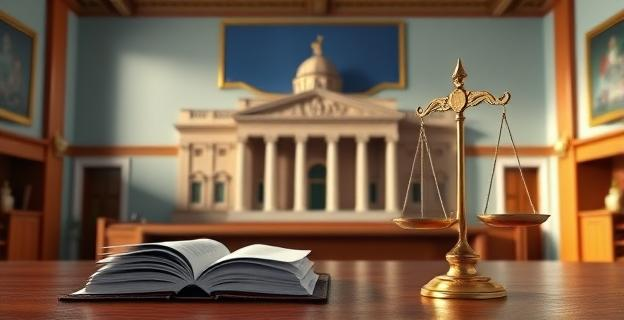 Imagen de un despacho oficial con documentos y una balanza simbolizando la justicia, junto a una representación del Senado español al fondo.