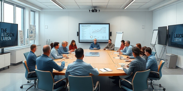 Una reunión de trabajadores y sindicatos en una sala de conferencias, con una gran mesa en el centro y sillas alrededor, mientras se discuten temas laborales y se muestran documentos y gráficos