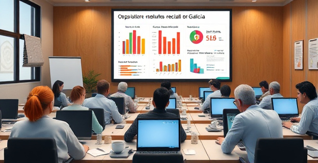 Una sala llena de funcionarios de la Seguridad Social trabajando en sus escritorios, con expresiones de descontento y sorpresa al ver los resultados de las oposiciones en una pantalla detrás de ellos. La pantalla muestra gráficos y estadísticas que destacan las altas calificaciones obtenidas por los opositores en Galicia.