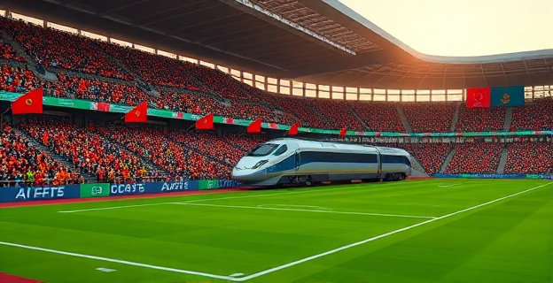 Una imagen que muestra un estadio de fútbol lleno de aficionados con banderas de Marruecos y un tren de alta velocidad en el fondo, simbolizando el éxito del transporte ferroviario durante la Copa Africana de Naciones.