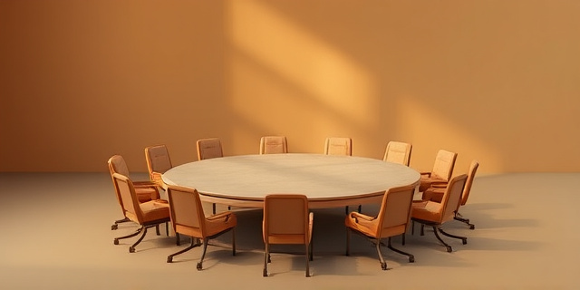Composición abstracta en tonos ocres y grises. Una mesa redonda vacía rodeada de sillas de diferentes estilos, algunas de ellas alejándose. Un mapa borroso de Oriente Medio proyectado sobre la mesa. Atmósfera de exclusión y tensión diplomática.