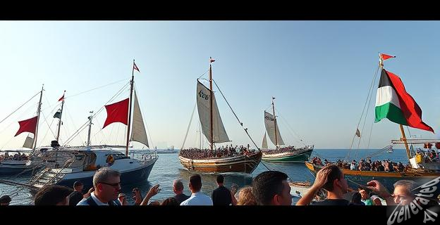 Una flotilla de barcos con banderas palestinas y activistas a bordo zarpa de Barcelona hacia Gaza, con una gran multitud de simpatizantes en el muelle.
