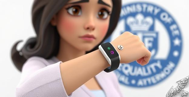 Una mujer sostiene una pulsera electrónica defectuosa en su muñeca, con una expresión de preocupación en su rostro. Al fondo, se ve un logo del Ministerio de Igualdad.