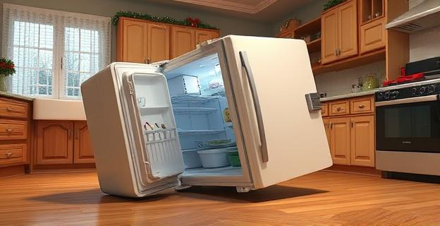 Una nevera grande y pesada caída en el suelo de una cocina, con la puerta abierta y un ambiente navideño al fondo