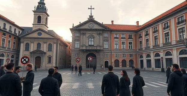Una plaza con una iglesia y una escuela pública enfrentadas, con gente joven vestida de negro y con simbología fascista en un ambiente tenso.