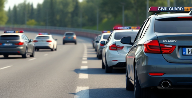 Una carretera con coches aparcados en el arcén, algunos con balizas V-16 y chalecos reflectantes, mientras otros no. Al fondo, un coche de la Guardia Civil vigilando.