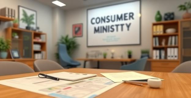 Oficina del Ministerio de Consumo con documentos y una balanza en la mesa