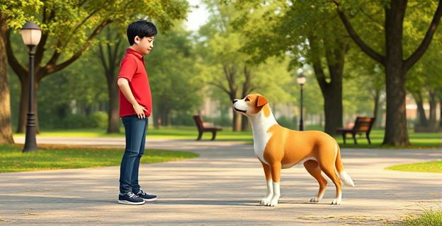 Imagen de un humano y un perro en un parque, con gestos de comunicación no verbal entre ellos, mostrando diferentes posturas y expresiones faciales que reflejan las siete situaciones descritas