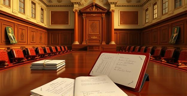 Sala del Senado español con documentos oficiales sobre mesa y un folio con notas manuscritas visibles