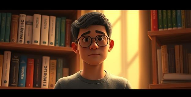 Una persona en una habitación tranquila, rodeada de libros de psicología, con una expresión de reflexión profunda. La estantería contiene libros con títulos relacionados con la psicología positiva y la terapia de aceptación. La luz es suave y cálida, creando un ambiente de serenidad.