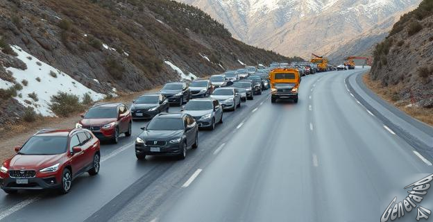Una carretera de montaña con decenas de coches averiados en el arcén, con grúas intentando asistirlos, en un entorno de alta montaña con temperaturas muy altas.