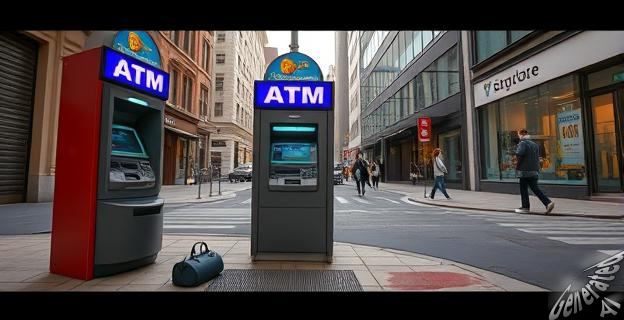 Una escena urbana con un cajero automático en una calle concurrida, mostrando la intersección entre dos calles, con un bolso tirado en el suelo y una mancha en la acera que sugiere un disparo reciente