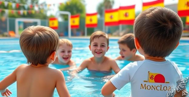 Un grupo de niños disfrutando de actividades en una piscina de 400 m² en un recinto de verano, con banderas españolas al fondo y el logo de la Moncloa visible en una camiseta.