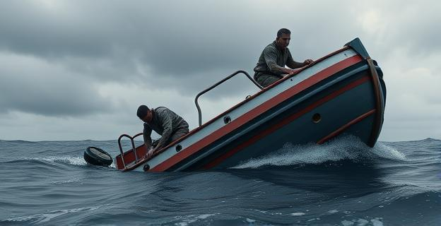 Ilustración de un hombre agarrado a un bote salvavidas volcado en medio del océano Atlántico con otros hombres encima, bajo un cielo gris y tormentoso.