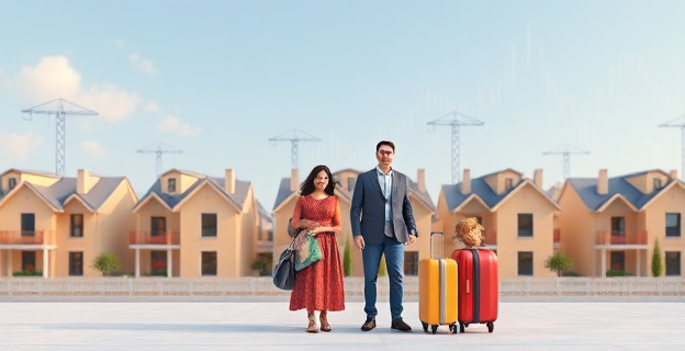 Una imagen conceptual que represente una ciudad con viviendas en construcción y un fondo de gráficos financieros que simbolizan la inversión de 23.000 millones de euros. En el primer plano, una familia con maletas y un mapa, simbolizando la inmigración.