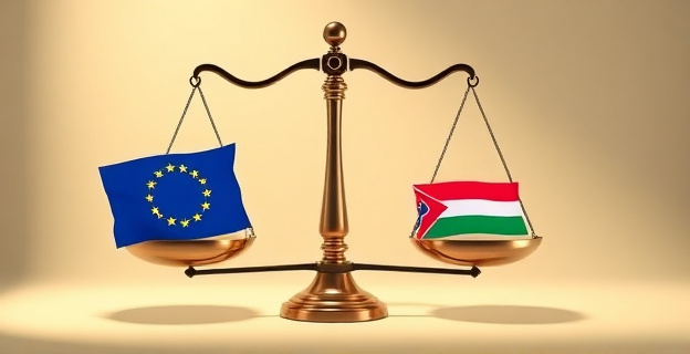 Una balanza con platos desiguales, representando el desequilibrio entre la UE y Mercosur, con una sombra de incertidumbre en el fondo