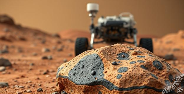 Un rover en Marte con una roca en primer plano mostrando manchas oscuras y microscópicas