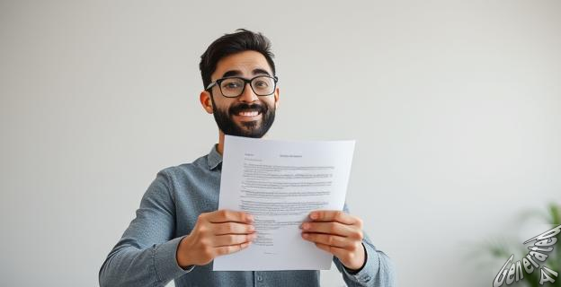 Un hombre sostiene un documento mientras otro hombre sonríe detrás de él.