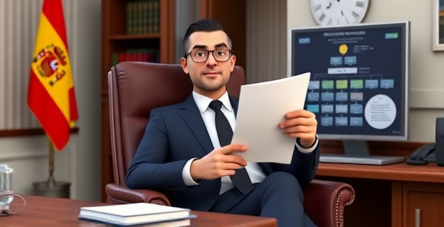 Una escena que muestra un despacho oficial con un hombre de traje sentado en una silla de cuero, con una expresión seria, mientras sostiene un documento con una mano. Al fondo, una bandera de España y una estantería con libros de leyes. En la mesa hay un teléfono y un ordenador con una pantalla que muestra un organigrama policial.