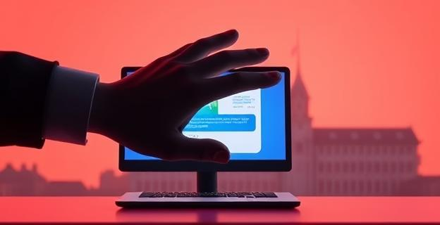 Imagen de un ordenador con una pantalla mostrando una aplicación de mensajería siendo bloqueada por una mano gigante que representa la vigilancia masiva. Al fondo, una silueta de la sede de la Comisión Europea.