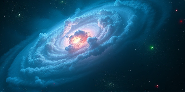 Una representación artística y conceptual de una galaxia enana etérea y polvorienta en el vacío profundo del espacio. Se deben observar contrastes entre nubes de gas azul brillante, polvo rojo incandescente y destellos verdes de estrellas jóvenes. Estilo cinematográfico, hiperdetallado, con una sensación de escala infinita y misterio cósmico, sin figuras humanas.