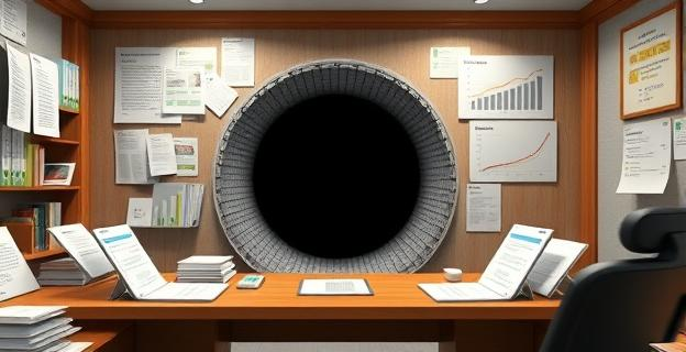 Oficina gubernamental con documentos y gráficos de contratos y auditorías con un gran agujero negro en el centro representando la falta de revisión de contratos inferiores a 3 millones de euros