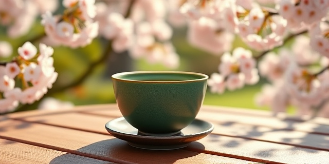 Un vaso de té verde matcha sobre una mesa de madera, rodeado de flores de cerezo en flor, con un fondo de un jardín japonés soleado.