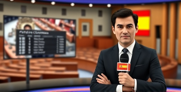 Imagen de un plató de televisión con un fondo que muestra el Congreso de los Diputados y un presentador con expresión seria, mientras sostiene un micrófono con el logo de la Moncloa. Al fondo, una pantalla muestra un gráfico con los resultados de una votación en el Congreso.