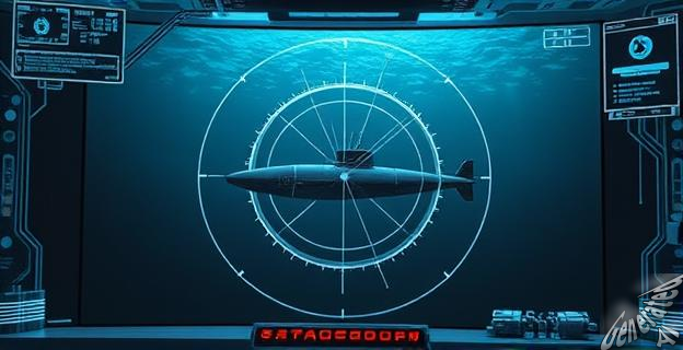 Una imagen de un submarino en el mar siendo detectado por un sistema de inteligencia artificial representado por una pantalla de computadora con gráficos de sonar y radar.