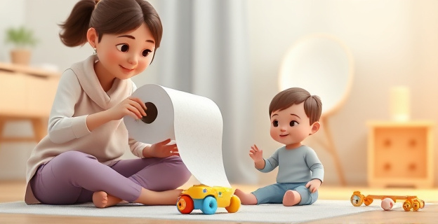 Una imagen de una madre sosteniendo un rollo de papel higiénico mientras su hijo pequeño juega en el suelo con juguetes