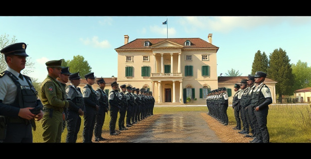 Una imagen que muestra un cuartel de la Guardia Civil en una zona rural, con agentes ensuciados y barro en sus uniformes, contrastando con una vivienda oficial lujosa y limpia de un alto mando al fondo.