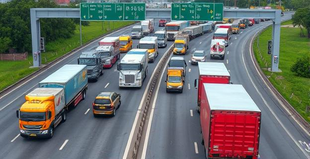 Imagen de una autopista congestionada con numerosos camiones y coches circulando sin peajes visibles, con indicadores de tráfico elevado y deterioro en la carretera.