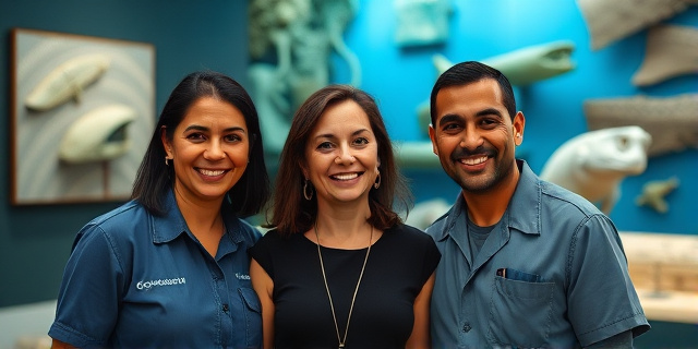 Una foto de Begoña Gómez sonriendo junto a dos trabajadores del Museo de las Atarazanas Reales de Santo Domingo, con un fondo de arte y arqueología subacuática