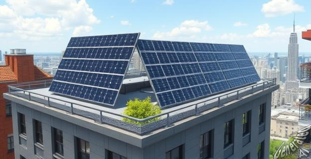 Imagen de un tejado con paneles solares verticales en un entorno urbano, mostrando su diseño innovador y su integración en la arquitectura del edificio.
