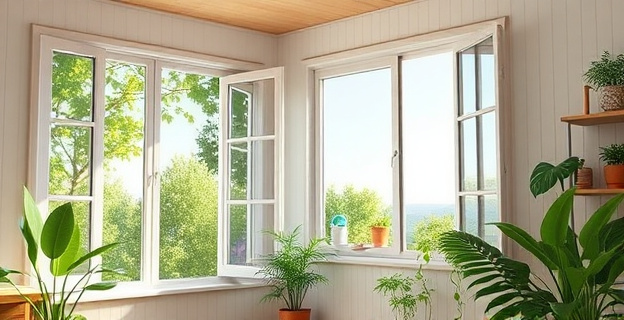 Una casa con ventanas abiertas de par en par, con una brisa suave entrando, y un purificador de aire en una mesa cercana, rodeado de plantas verdes y frescas.
