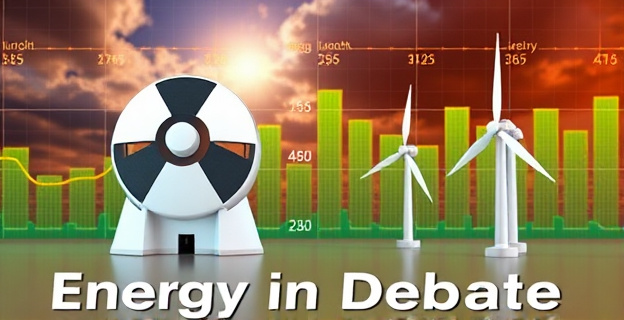 Una imagen conceptual que representa el conflicto entre la energía nuclear y las renovables, con un fondo de gráficos de energía y un titular que dice 