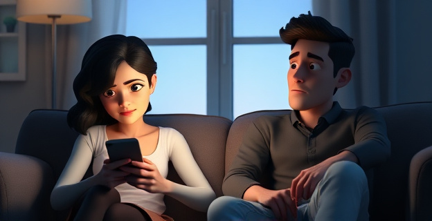 Una pareja en un sofá, con uno de los dos mirando el móvil con una expresión de culpabilidad mientras el otro está de espaldas, con una sombra de duda en su rostro. Al fondo, una ventana con una luz tenue que ilumina la escena de manera dramática.